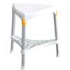 Image of Adjustable Height Triangle Shower Stool with Tray white seat with height adjustable legs and lower storage shelf