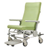 Image of Bariatric Clinical Recliner Chair with Castors 250kg Capacity front view, green padded seat, adjustable armrests, wheeled base