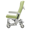 Image of Bariatric Clinical Recliner Chair with Castors 250kg Capacity side profile upright, green cushioning, adjustable mechanism, heavy duty wheels