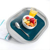 Image of Dycem Rectangular Non Slip Grip Pad for Trays & Tables teal pad stabilising bowl spoon and drink on tray