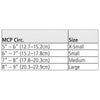 Image of Full Finger Compression Gloves for Arthritis and Edema size chart showing MCP circumference measurements and size guide