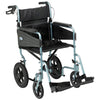 Image of Lightweight Folding Transit Wheelchair with Attendant Brakes in blue with padded seat and armrests
