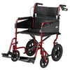 Image of Lightweight Folding Transit Wheelchair with Attendant Brakes in red with padded seat and footrests
