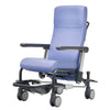 Image of Mobile Clinical Transfer Chair with Reclining Backrest upholstered blue patient chair on wheeled base with armrests