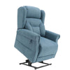 Image of Petite Quad Motor Electric Lift Recliner Chair with Footrest Extension blue fabric recliner in raised lift position