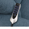 Image of Petite Quad Motor Electric Lift Recliner Chair with Footrest Extension illuminated multi button remote control on blue fabric seat