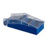Image of Pill Cutter with V Shaped Holder & Storage closed blue pill splitter with transparent lid and compact storage base