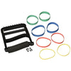 Image of Rolyan Ergonomic Hand Exerciser with Padded Handle set with interchangeable resistance bands and plastic clips