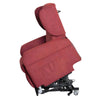 Image of Vertical Lift Chair red fabric electric lift recliner side view showing lift mechanism and tilt function