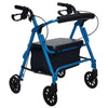 Image of Blue low seat rollator walker with padded seat, backrest bar and under seat storage bag