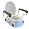 Image of White height adjustable raised toilet seat with armrests and lid open