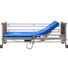 Image of K-Dee electric hospital bed for home with backrest and knee break raised, optional rails and mattress shown