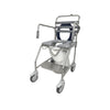 Image of Mobile shower commode positioned over a toilet on four braked castors
