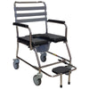 Image of Mobile shower commode chair with the seat lid open showing the toilet opening and pail