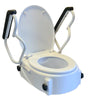 Image of Raised toilet seat with the armrests folded back for side transfers