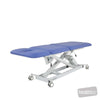 Image of three section treatment table in flat position with lockable castors
