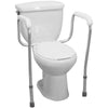 Image of White toilet safety frame with support arms fitted around a toilet