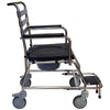 Image of Side view of the wheeled shower commode showing the footplate and castors