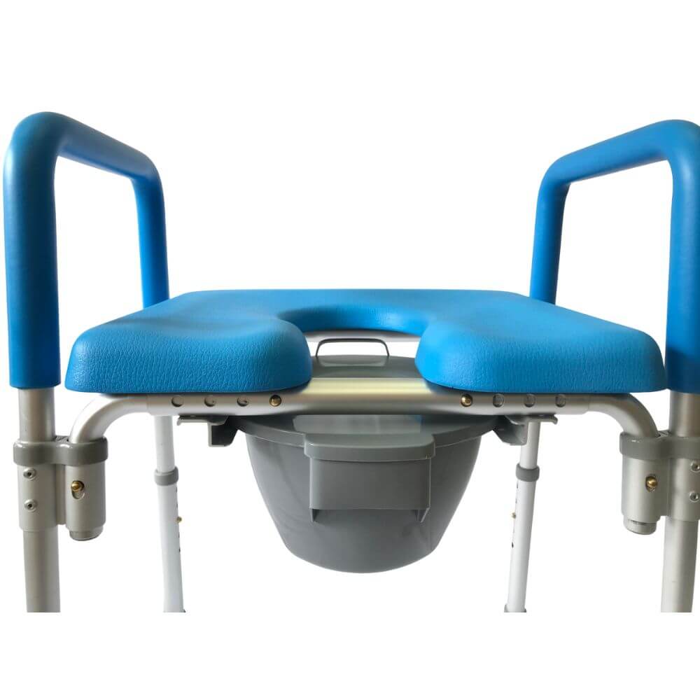 3-in-1 Width Adjustable Bariatric Commode Shower Chair close-up of seat opening and removable commode bucket