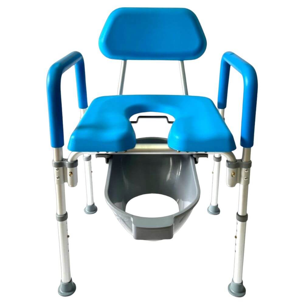 3-in-1 Width Adjustable Bariatric Commode Shower Chair front view with blue padded seat and armrests