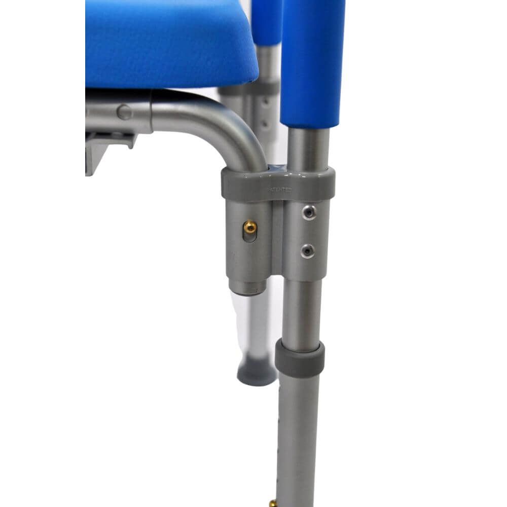 3-in-1 Width Adjustable Bariatric Commode Shower Chair leg detail showing height adjustment holes and rubber foot