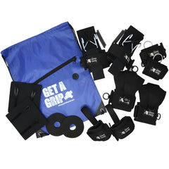 Adaptive Gym Grip Aid Kit for Weightlifting and Exercise full kit with straps hooks pads and blue carry bag