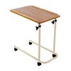 Image of Adjustable Tilting Overbed Table with Wheels featuring wooden tilting tray top safety rails and four caster wheels for mobility