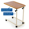 Image of Adjustable Tilting Overbed Table with Wheels showing raised wood surface with safety rails and rolling frame for beds