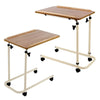 Image of Adjustable Tilting Overbed Table with Wheels shown in two height positions with wood tilt top and rolling base