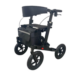 All Terrain Folding Rollator with Pneumatic Tyres black outdoor walker with padded backrest and storage bag