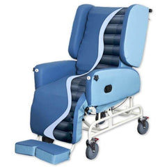 Alternative Pressure Relief Chair with 10cm Air Cells shown in blue with contoured cushioning on wheels
