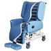 Alternative Pressure Relief Chair with 10cm Air Cells shown in blue with contoured cushioning on wheels
