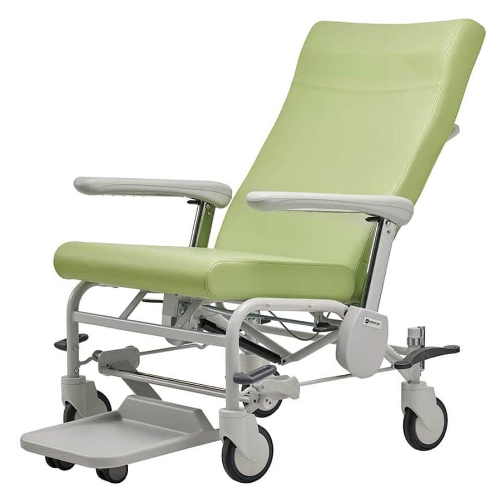 Bariatric Clinical Recliner Chair with Castors 250kg Capacity angled view showing reclined position, green upholstery, sturdy frame