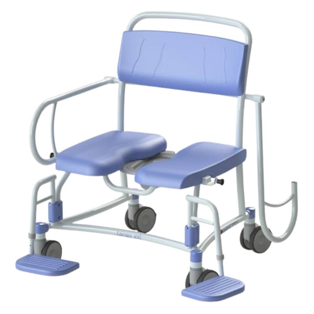 Bariatric Commode Chair with Castors and Footrests angled view highlighting padded seat backrest and mobility wheels