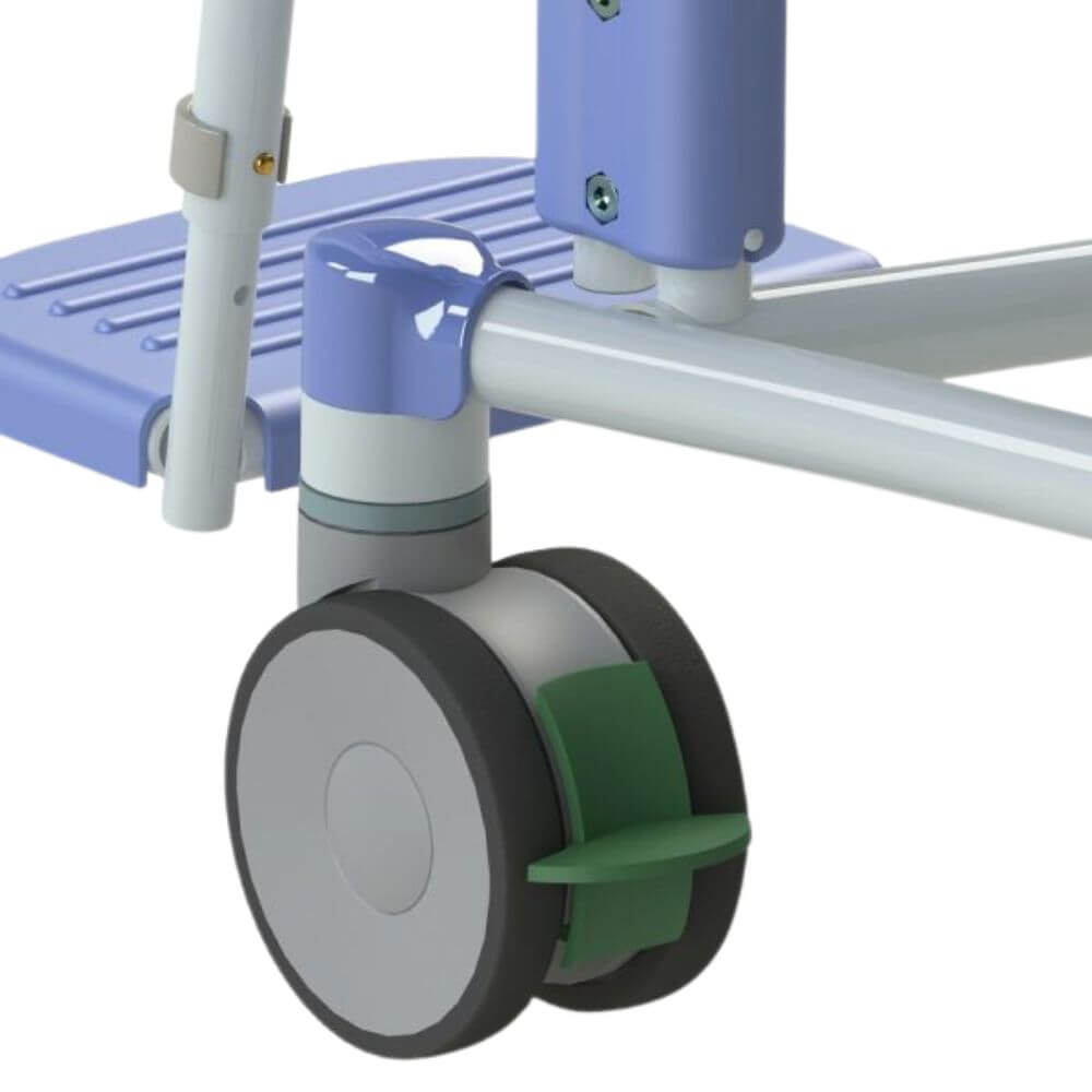 Bariatric Commode Chair with Castors and Footrests close up of rear caster wheel and sturdy metal frame