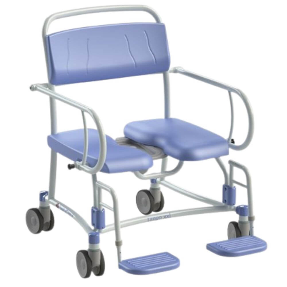 Bariatric Commode Chair with Castors and Footrests front view showing wide seat armrests and footrests