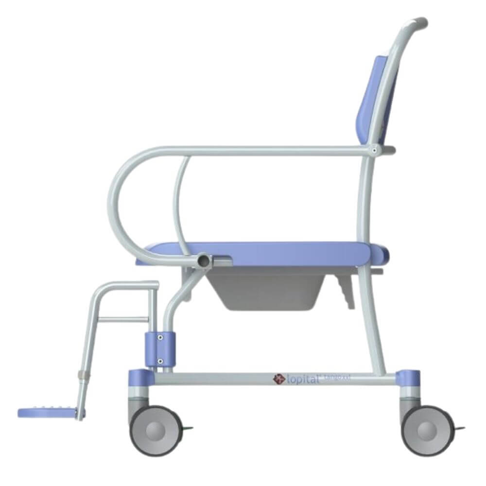 Bariatric Commode Chair with Castors and Footrests side view showing height adjustable frame and swing away footrests
