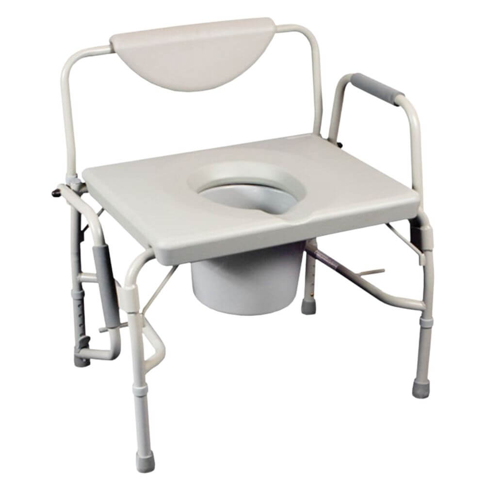 Bariatric Drop Arm Commode and Over Toilet Aid with white frame, drop arms, removable commode bucket