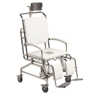 Bariatric Electric Tilt Shower Commode Chair with padded seat, headrest, armrests, footrests, wheeled frame