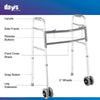 Image of Bariatric Folding Walker with Wheels 317kg Heavy Duty Support labelled diagram highlighting handles frame release buttons and front wheels