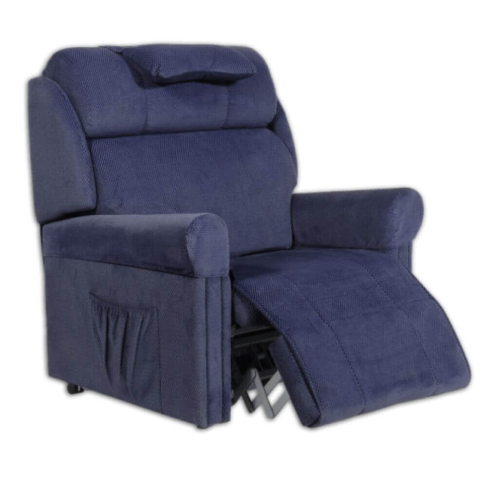 Bariatric Lift and Recline Chair with Dual Motor Stand Assist shown in blue upholstery, front angled view