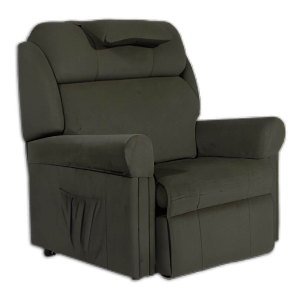 Bariatric Lift and Recline Chair with Independent Leg and Back in dark upholstery with wide padded arms