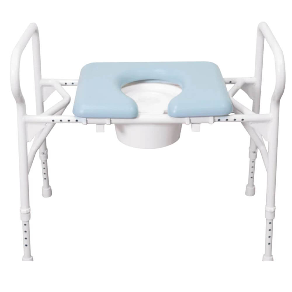 Bariatric Over Toilet Aid with Adjustable Width and Padded Seat front view showing wide frame and padded seat