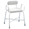 Image of Bariatric Perching Stool with Armrests and Padded Seat angled view with sturdy white frame and non slip feet
