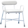 Image of Bariatric Perching Stool with Armrests and Padded Seat front view with cushioned backrest and stable wide frame