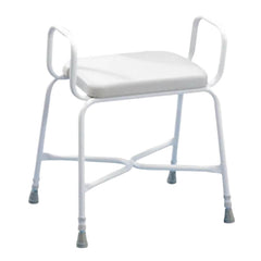 Bariatric Perching Stool with Armrests and Padded Seat side view showing padded seat and supportive armrests