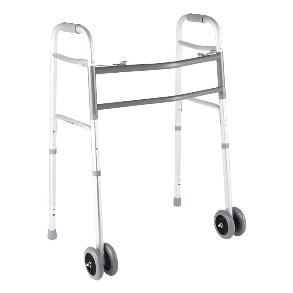 Bariatric Walker with Wheels, Foldable Aluminum Frame angled view highlighting sturdy aluminum tubing and brakes