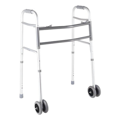 Bariatric Walker with Wheels, Foldable Aluminum Frame angled view highlighting sturdy aluminum tubing and brakes