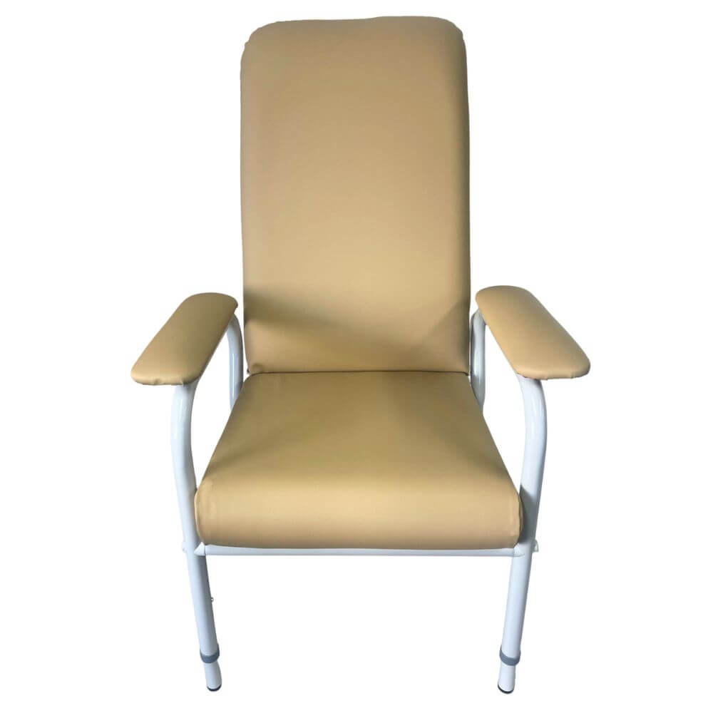 Beige High Back Day Chair with Adjustable Seat Height and Depth front view showing high backrest and armrests