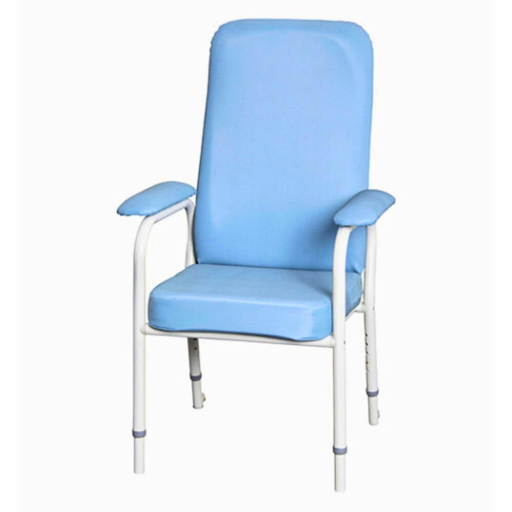 Blue High Back Day Chair with Adjustable Seat Height and Depth front view blue upholstered chair with armrests